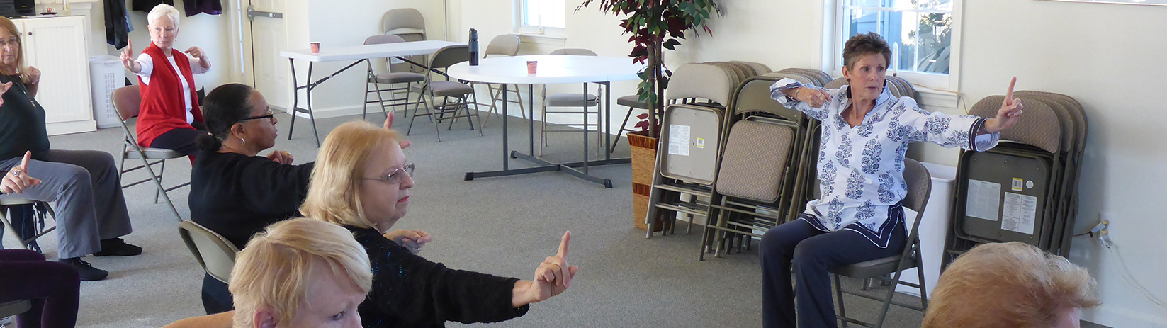 Silver Lotus community class performing seated qigong.